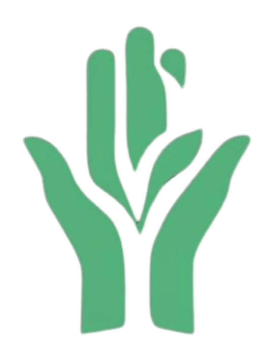 The alt text for the image is: "Icon of two green hands with leafy growth emerging from the center, against a solid black ...